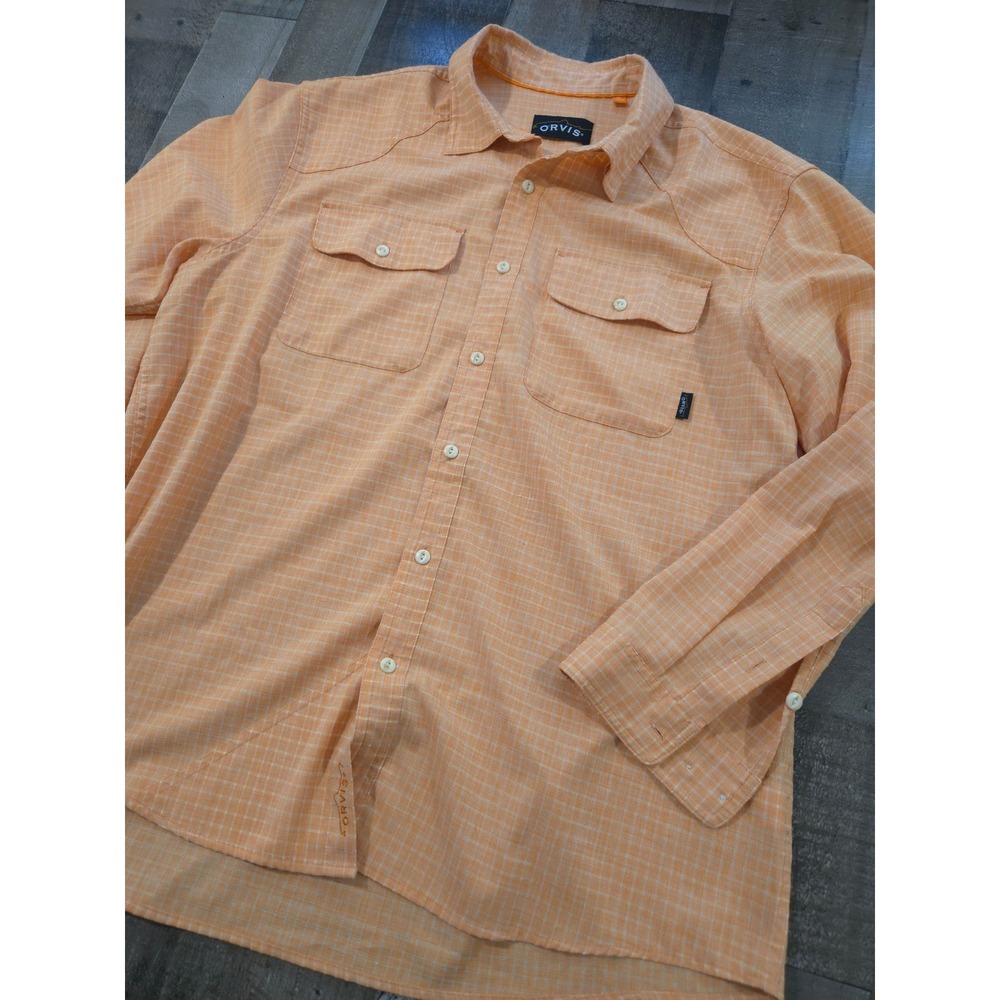 Orvis XL Men's Orange Check Button Down Shirt Utility Lightweight Outdoor Cotton